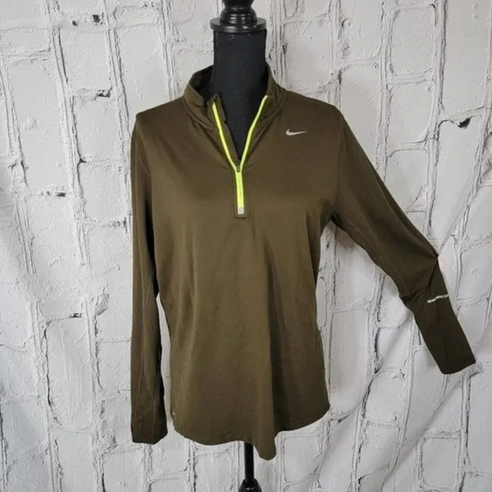 NIKE Unisex Olive Green Half Zip‎ Athletic Running Shirt Long Sleeve Pullover M